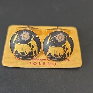 Spanish Toledo 24k Plated Elegant Gold and Black Bull Vintage Cufflinks